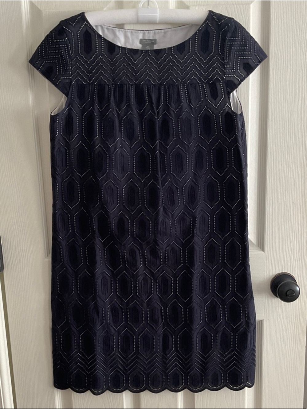 Ann Taylor Navy Geometric Cap-Sleeve Shift Dress